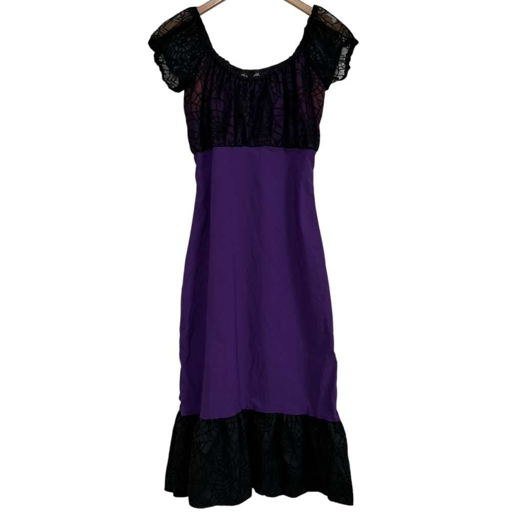 Mode Merr Purple Black Bodycon Midi Dress Spider Web Sheer Sleeve Ruffled Large